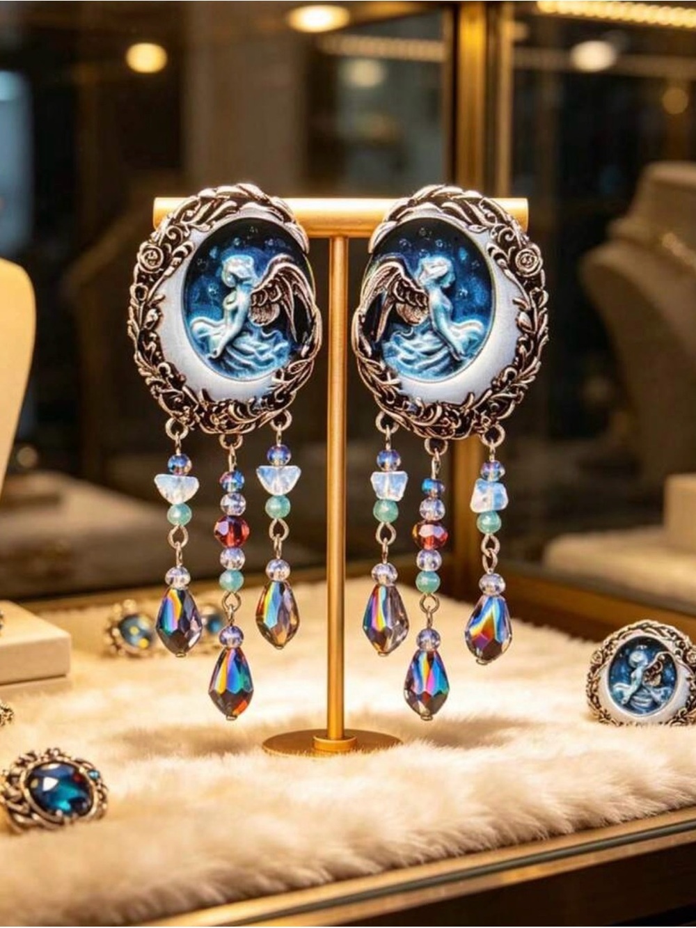 Blue Angel Cameo Dangle Earrings with Iridescent Beads